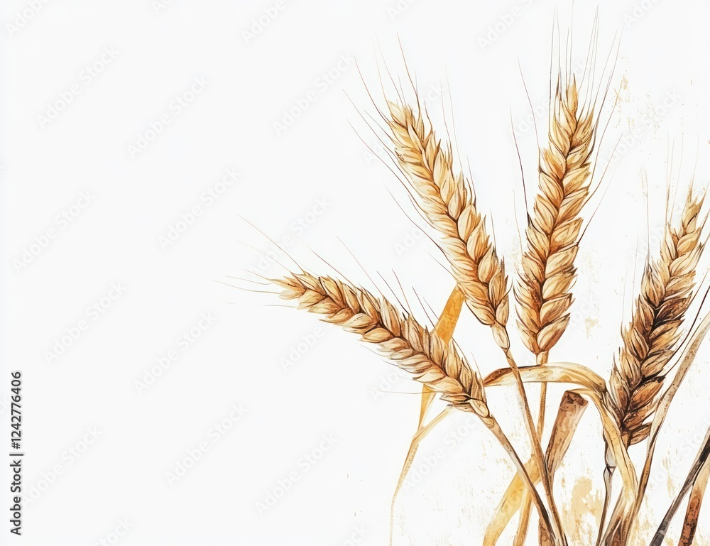 Fototapeta premium Golden wheat stalks against white background, harvest season, food industry