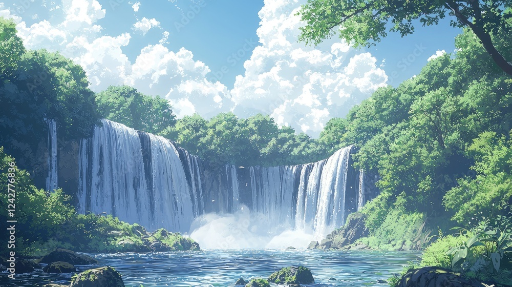 Fototapeta premium Serene Waterfall Landscape: A Breathtaking Nature Scene of a Majestic Waterfall Cascading Through a Lush Forest