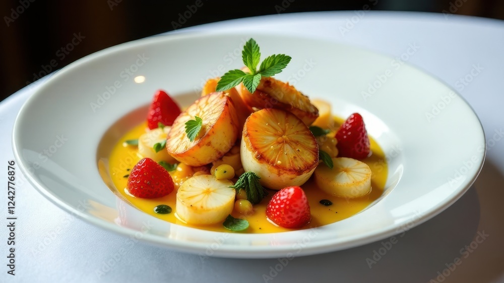 Gourmet Pan-Seared Scallops with Sweet Strawberries and a Zesty Citrus Sauce, Beautifully Plated on a Pristine White Dish Gourmet Pan-Seared Scallops with Sweet Strawberries and a Zesty Citrus Sauce, Beautifully Plated on a Pristine White Dish