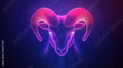 Neon Ram Head, Mystic Background, Zodiac Sign, Digital Art, Stock Image photo