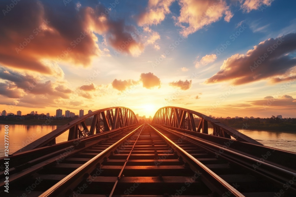 Forced perspective of railway bridge over river during sunset with blue sky Forced perspective of railway bridge over river during sunset with blue sky
