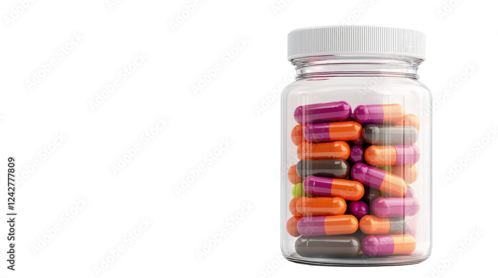 A clear jar filled with colorful health capsules for dietary supplements. A clear jar filled with colorful health capsules for dietary supplements.