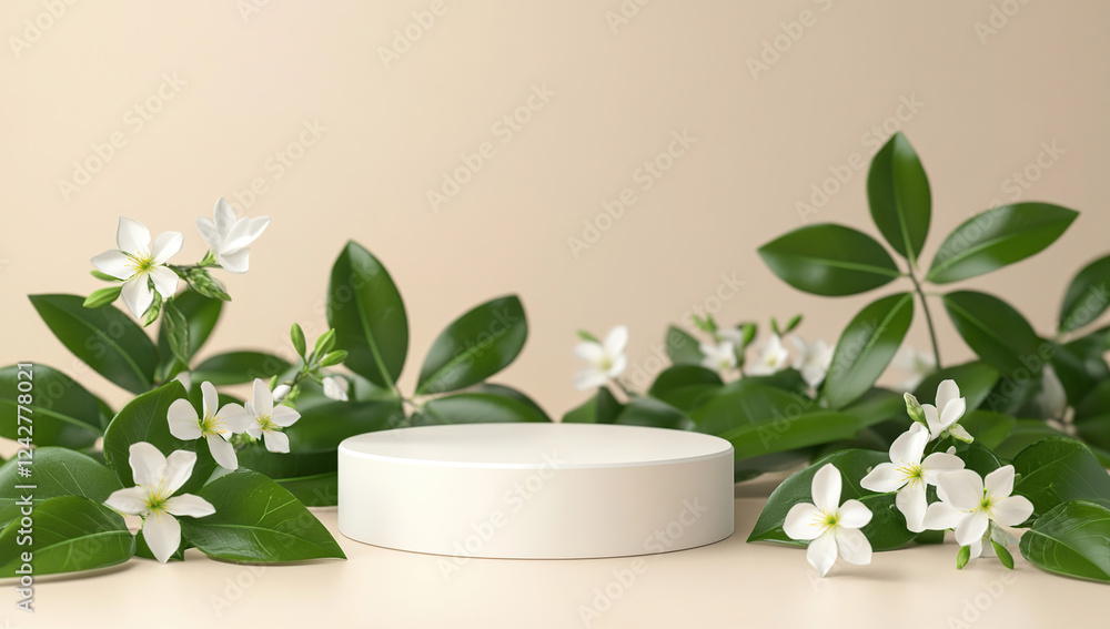 Elegant White Podium with Green Leaves and White Flowers Elegant White Podium with Green Leaves and White Flowers