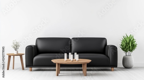 Modern Black Sofa with Wooden Table and Green Plants in Living Room