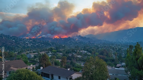Wildfire engulfs hillsides, smoke billows over suburban landscape at sunset