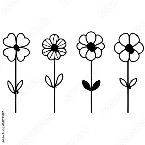 Four black outline vector flower icons on stems with leaves. Simple floral line art symbols on white.
