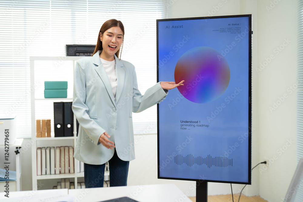 Fototapeta premium A professional woman presents information on a digital screen in an office setting, showcasing a colorful graphic.
