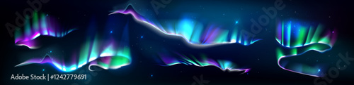 Aurora Borealis. Multi-colored decorative glowing floating shapes on a dark background. Abstract collection gradient  holographik shapes. Northern lights effect set