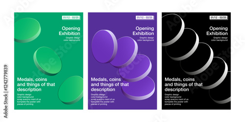 Coin medal low cylinder circle 3D poster collection simple modern green violet black background printing exhibition annual round gradient layout minimal style 