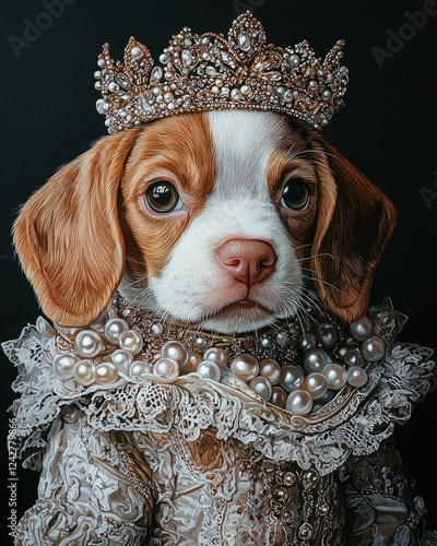 Baroque pet portrait with royal costume concept. Adorable Beagle puppy wearing a crown and elegant attire with pearls