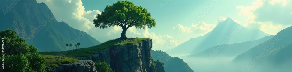 Green monolith pierces skyward with roots deep, mountain, tree, roots