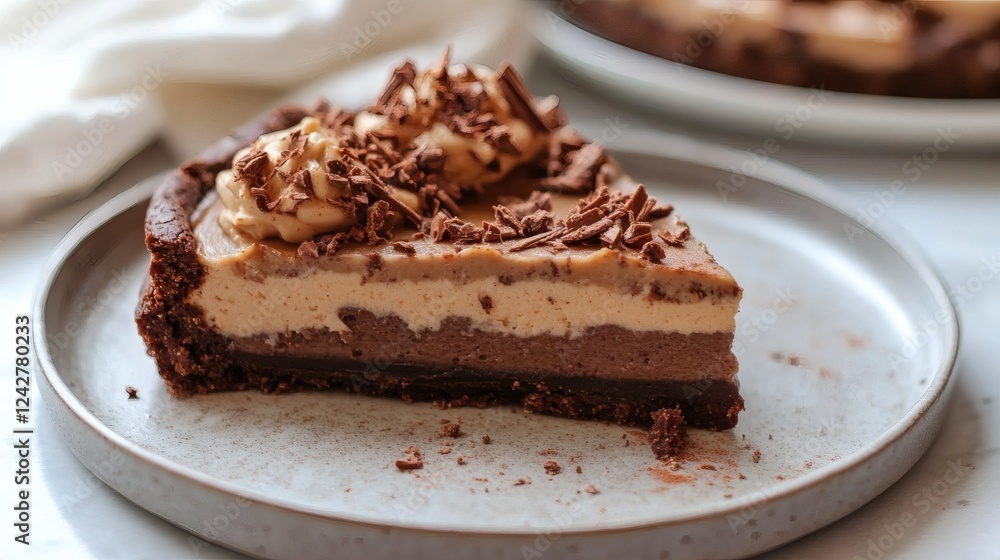 Layered Chocolate Peanut Butter Tart Slice on a Plate Layered Chocolate Peanut Butter Tart Slice on a Plate