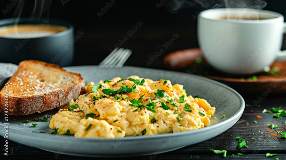 Scrambled Eggs: Scrambled eggs served with whole-grain bread and a side salad, styled on a modern dining table. Scrambled Eggs: Scrambled eggs served with whole-grain bread and a side salad, styled on a modern dining table.