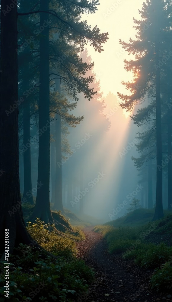 Fototapeta premium A soft white gradient envelops a forested scene at dusk, ambiance, trees