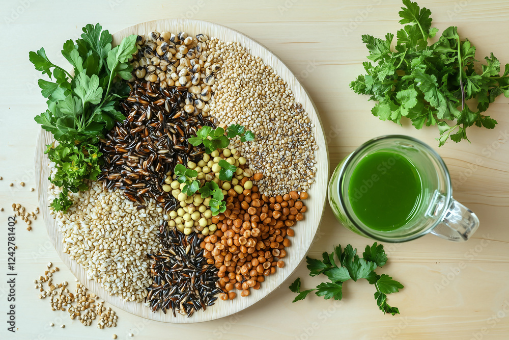 Variety of grains and fresh herbs displayed on a wooden platter with a green beverage beside it Variety of grains and fresh herbs displayed on a wooden platter with a green beverage beside it