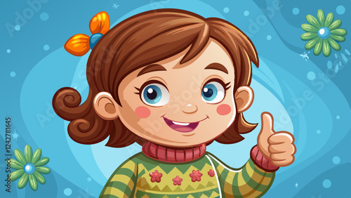 Smiling toddler girl with brown hair giving a thumbs up, wearing a knitted sweater.