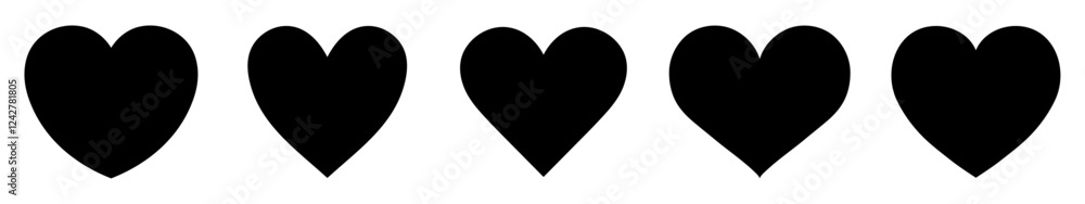 Set of five black hearts vector icon set isolated. Heart icons. Black hearts symbol, love sign, heartbeat silhouette, heart pictograms isolated set. Vector illustration. Set of five black hearts vector icon set isolated. Heart icons. Black hearts symbol, love sign, heartbeat silhouette, heart pictograms isolated set. Vector illustration.