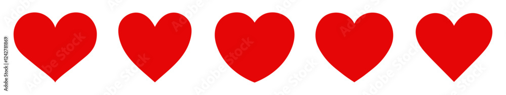 Set of five red hearts vector icon set isolated. Heart icons. Red hearts symbol, love sign, heartbeat silhouette, heart pictograms isolated set. Vector illustration. Flat design. Set of five red hearts vector icon set isolated. Heart icons. Red hearts symbol, love sign, heartbeat silhouette, heart pictograms isolated set. Vector illustration. Flat design.