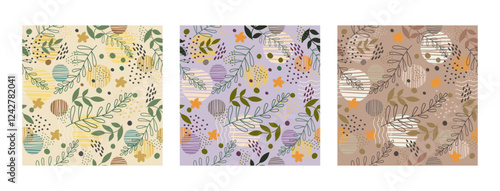Set of abstract seamless pattern with leaves, spots and dots in trendy palette mocha mousse color. Vector illustration endless pattern, backdrop. Fashionable template for design, paper, cover, fabric