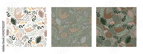 Set of abstract seamless pattern with leaves, spots and dots in trendy palette mocha mousse color. Vector illustration endless pattern, backdrop. Fashionable template for design, paper, cover, fabric