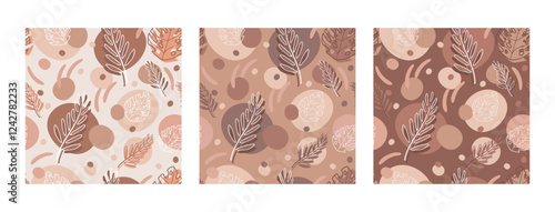 Set of abstract seamless pattern with leaves, spots and dots in trendy palette mocha mousse color. Vector illustration endless pattern, backdrop. Fashionable template for design, paper, cover, fabric