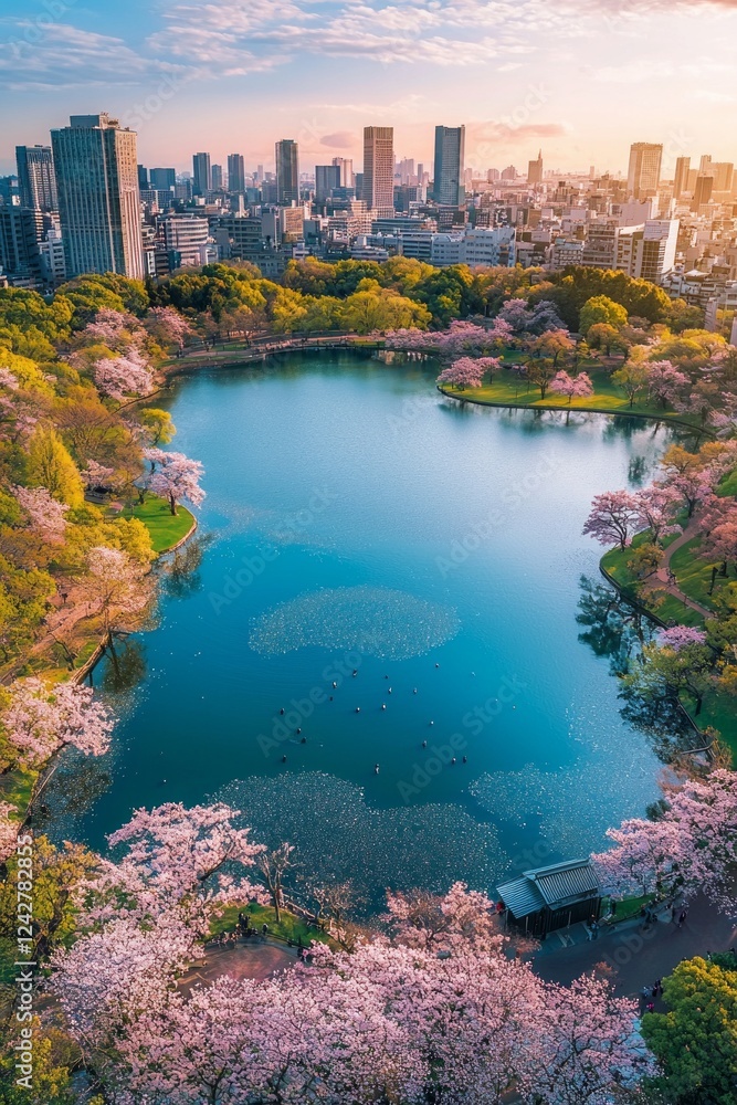 Fototapeta premium Aerial view of the serene lakeside in a city, with towering skyscrapers and blooming cherry blossom trees around. Colorful spring sky, clear blue water reflecting the cityscape