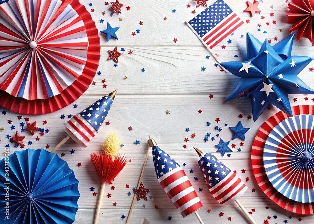 Obraz premium 4th of July Celebration: Patriotic Fan, Fireworks, and Confetti on White Table