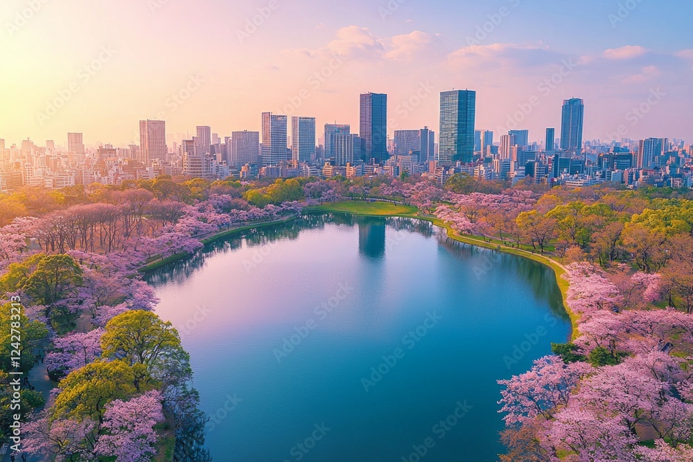 Obraz premium Aerial view of the serene lakeside in a city, with towering skyscrapers and blooming cherry blossom trees around. Colorful spring sky, clear blue water reflecting the cityscape