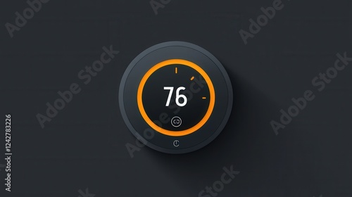 Smart Thermostat Display: A close-up shot of a sleek, circular smart thermostat displaying a comfortable room temperature of 76 degrees.