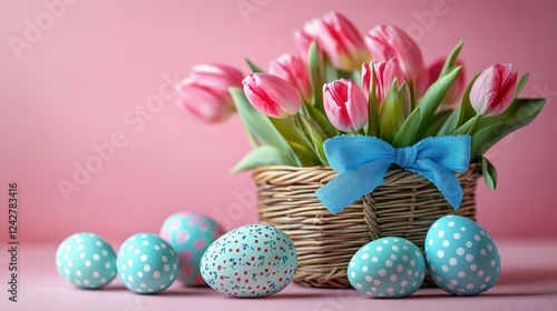Easter eggs collection and tulips in wicker basket on pink pastel background