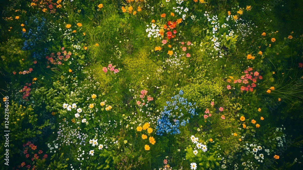 Fototapeta premium Vibrant garden scene, lush greenery with colorful flowers, perfect for nature themes, relaxation, or outdoor inspiration.