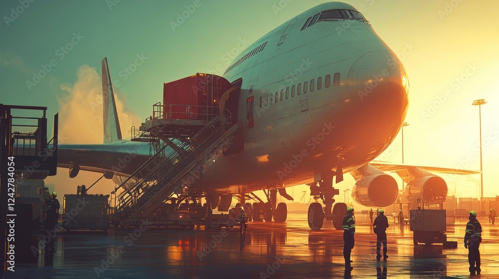 Busy airport scene showcasing air freight loading operations with a giant airplane against a stunning sunset backdrop Busy airport scene showcasing air freight loading operations with a giant airplane against a stunning sunset backdrop