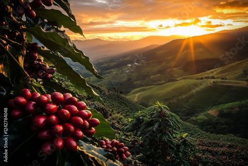 Serene sunrise on a coffee plantation in the mountains with beautiful sky colors and lush greenery