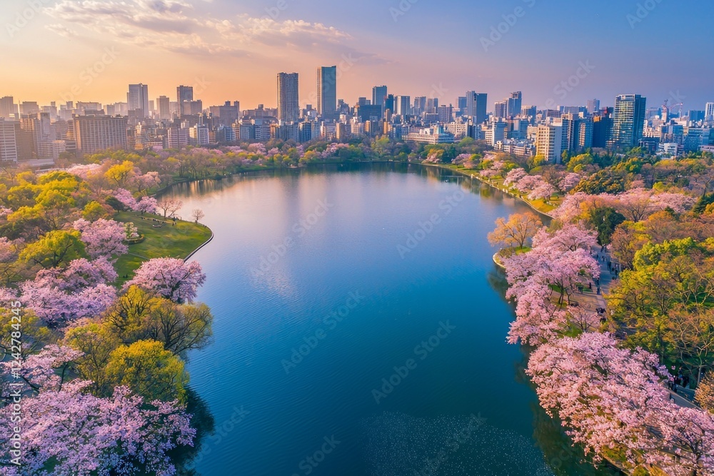 Fototapeta premium Aerial view of the serene lakeside in a city, with towering skyscrapers and blooming cherry blossom trees around. Colorful spring sky, clear blue water reflecting the cityscape