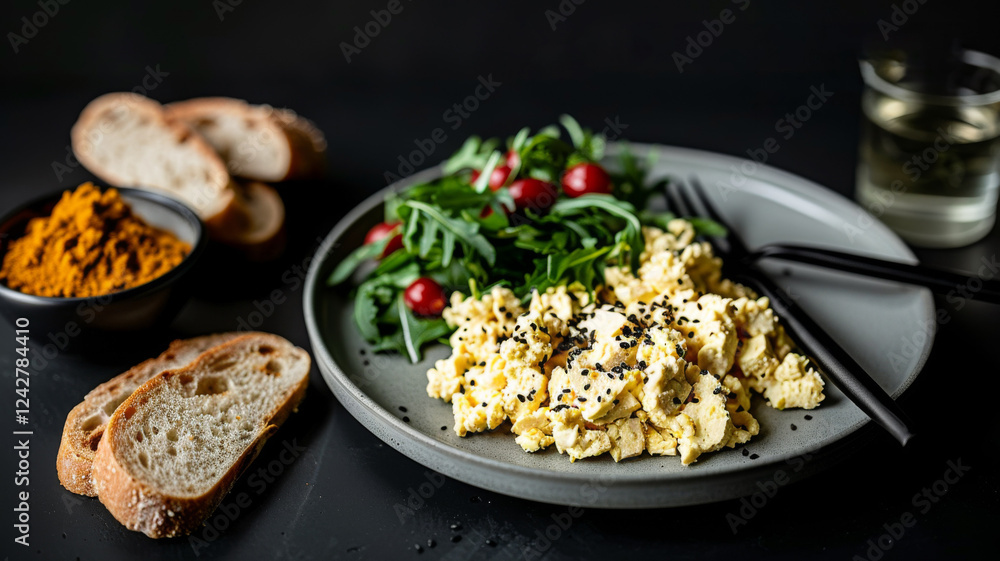 Scrambled Eggs: Scrambled eggs served with whole-grain bread and a side salad, styled on a modern dining table. Scrambled Eggs: Scrambled eggs served with whole-grain bread and a side salad, styled on a modern dining table.