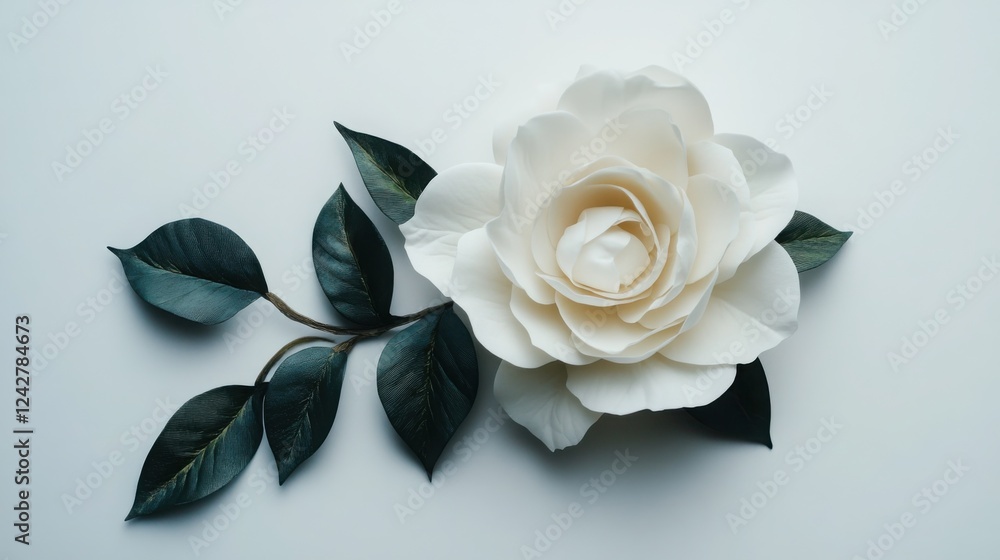 Fototapeta premium A beautiful white rose with natural green leaves, highlighted on a crisp white background. --ar 16:9
