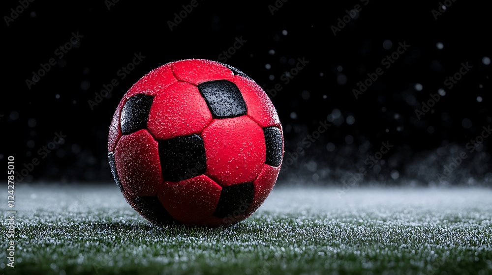 Fototapeta premium Dew-Covered Red and Black Soccer Ball on Frosted Grass