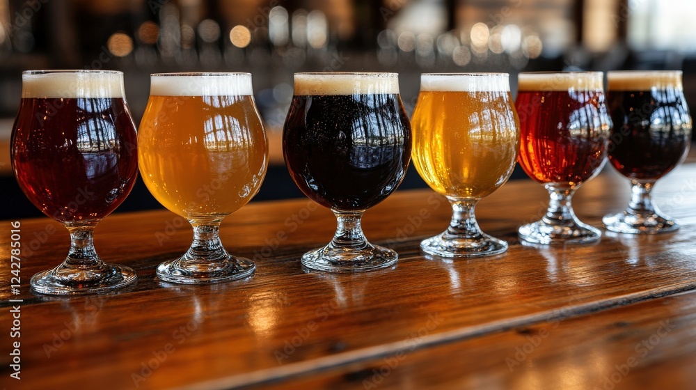 A row of six distinct craft beers in elegant glasses on a wooden table in a cozy bar setting A row of six distinct craft beers in elegant glasses on a wooden table in a cozy bar setting