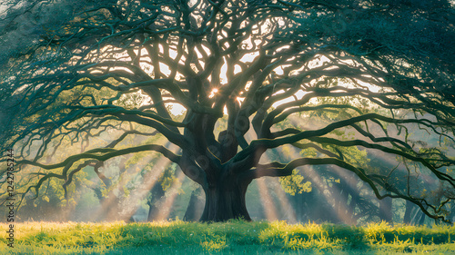 A radiant tree with branches intertwining into a perfect symmetrical shape. photo