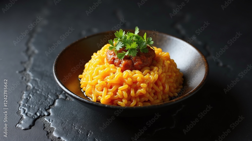 A thoughtfully plated dish of vibrant yellow pasta.