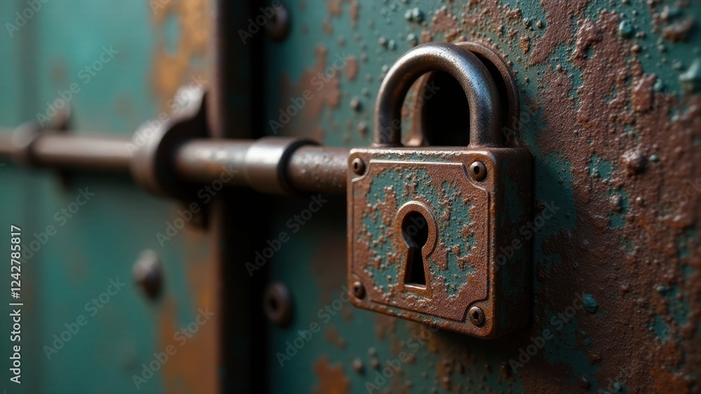 A weathered padlock secures a rusty teal metal door, hinting at forgotten secrets and bygone eras. A weathered padlock secures a rusty teal metal door, hinting at forgotten secrets and bygone eras.