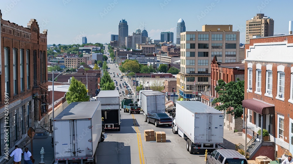 Fototapeta premium Aerial view of moving trucks and office furniture being loaded with modern city skyline, symbolizing corporate relocation and business expansion concepts.