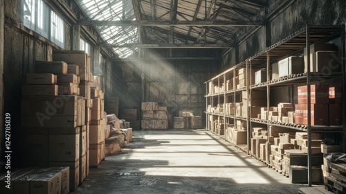 Wallpaper Mural Interior view of a spacious warehouse featuring well-organized shelves with boxes stacked neatly under natural light Torontodigital.ca