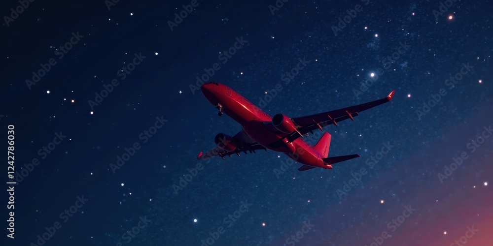 Naklejka premium Crimson Jet Ascending Through a Starry Night Sky, A Celestial Voyage of Air Travel