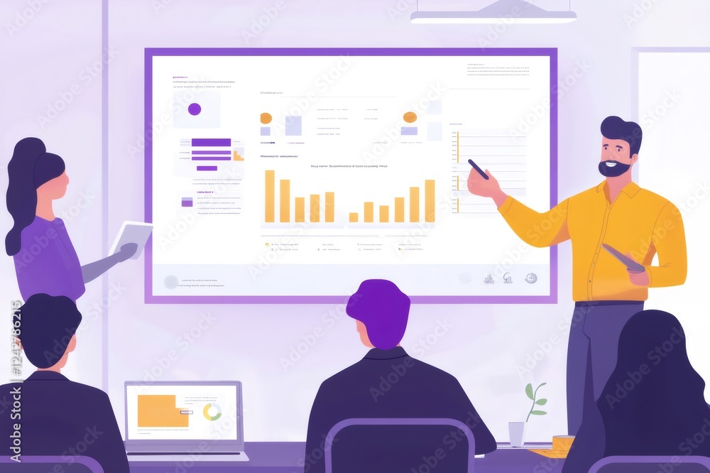 Marketing executive using a whiteboard and showing positive data charts and statistics to his team during a business meeting Marketing executive using a whiteboard and showing positive data charts and statistics to his team during a business meeting