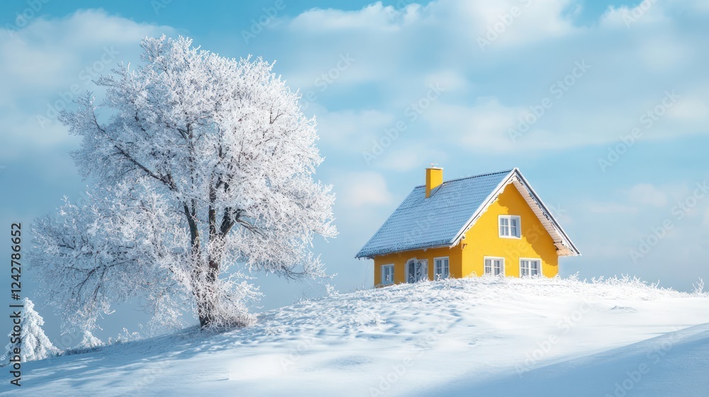 Naklejka premium Winter Wonderland: A Yellow House nestled in a Snowy Landscape