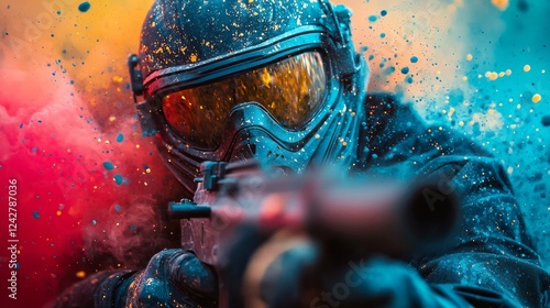 A skilled marksman in tactical gear aims a weapon amidst a vibrant cloud of colored smoke. The setting evokes a high-stakes situation, highlighting focus and precision photo