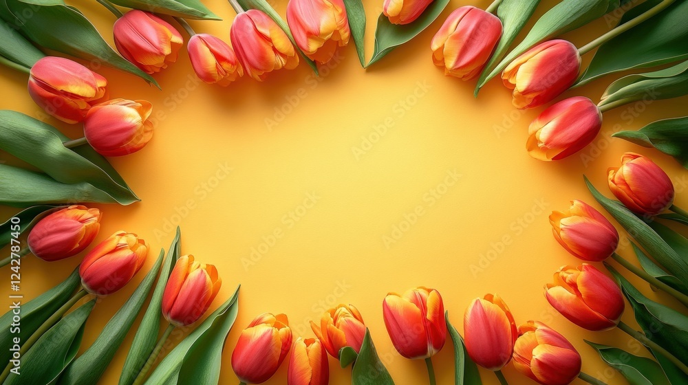Fresh and Vibrant Tulips Framing an Empty Space on a Bright Yellow Background, Ideal for Floral Designs and Spring-Themed Projects Fresh and Vibrant Tulips Framing an Empty Space on a Bright Yellow Background, Ideal for Floral Designs and Spring-Themed Projects