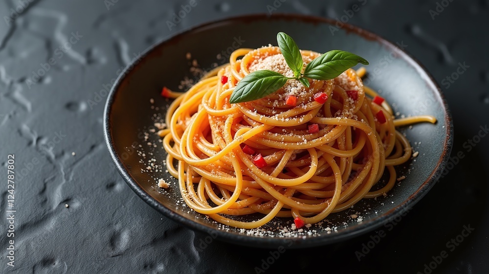 A plate of pasta garnished with grated cheese and fresh basil leaves. A plate of pasta garnished with grated cheese and fresh basil leaves.