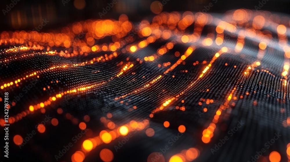 Abstract representation of glowing orange lines flowing across a dark surface, creating a mesmerizing visual effect Abstract representation of glowing orange lines flowing across a dark surface, creating a mesmerizing visual effect